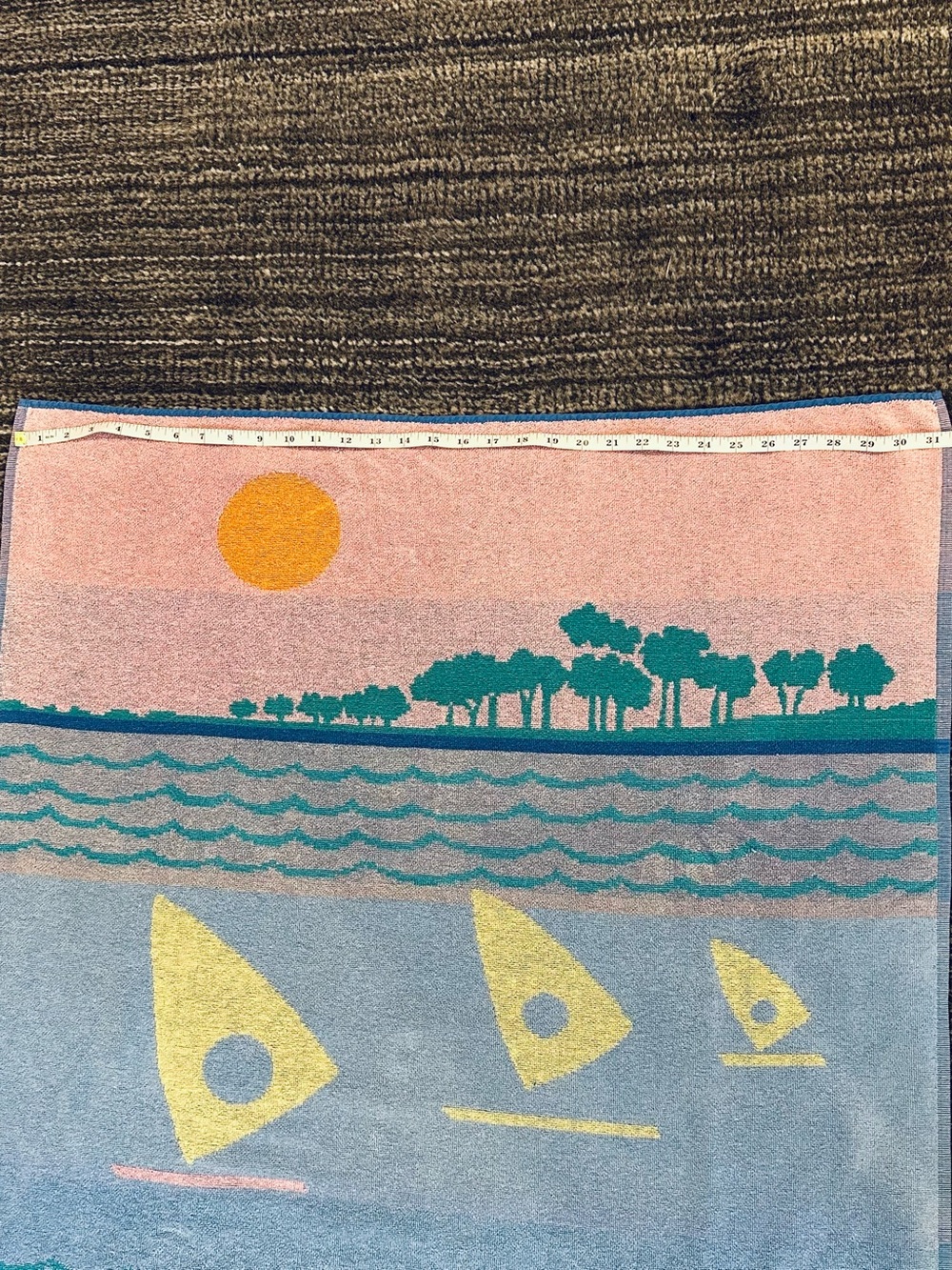 Vintage 90s Beach Towel Sailboats Coastline 55" Atlantis by Brastex Pastel Multi - Picture 5 of 7